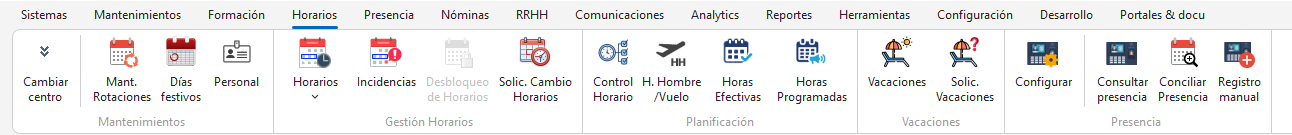 Menú Horarios de GH con el grupo Planificación